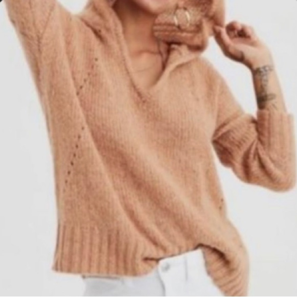 American Eagle Jegging Fit Hooded Sweater Chunky Knit Dolman V Neck Gold Tan XS